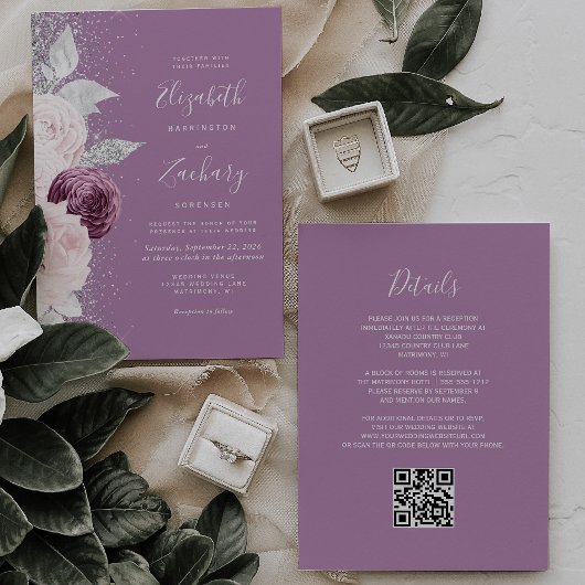 Floral Mauve Blush Zilver Glitter QR Code Huwelijk Kaart