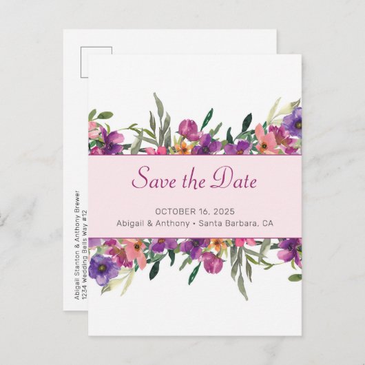 Floral Mauve Botanische Waterverf Save the Date Aankondigingskaart (Voorkant / Achterkant)