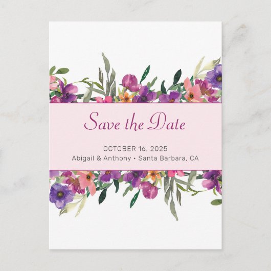 Floral Mauve Botanische Waterverf Save the Date Aankondigingskaart (Voorkant)