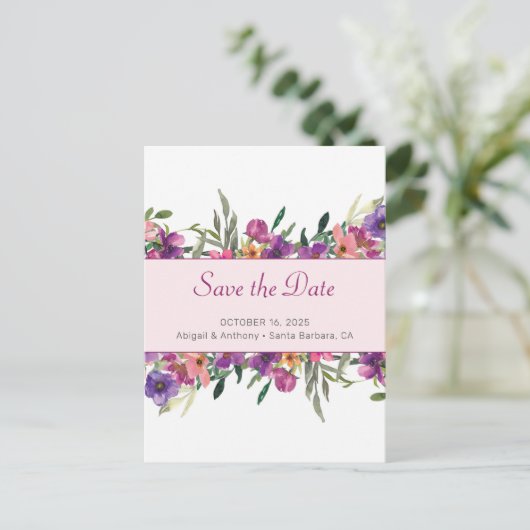 Floral Mauve Botanische Waterverf Save the Date Aankondigingskaart (Staand voorkant)