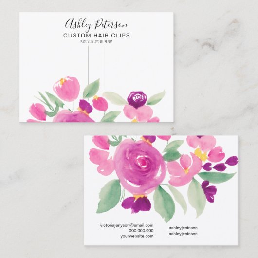 Floral mauve waterverf haarklem barrette display visitekaartje (Voorkant / Achterkant)