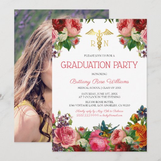 Floral Medical Nursing School Afstuderen Kaart (Voorkant / Achterkant)