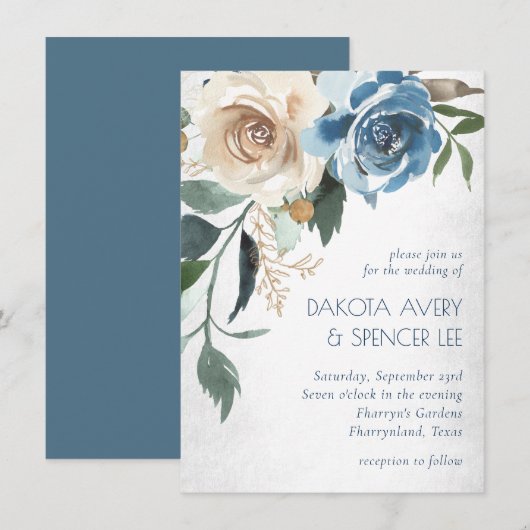 Floral meer | Dusty Blue Denim Cream Wedding Kaart (Voorkant / Achterkant)