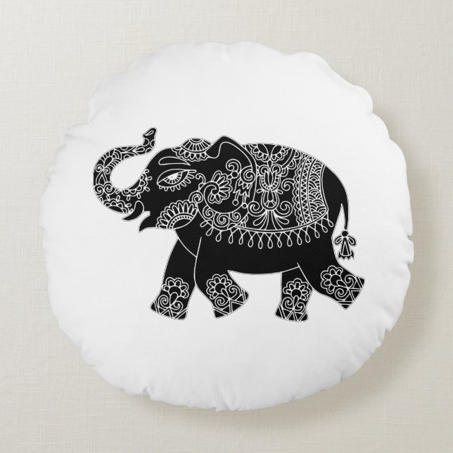 Floral Mehedi Elephant Rond Kussen (Voorkant)
