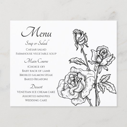 Floral Menu Black White Rozen Flowers Weddenschap (Voorkant)