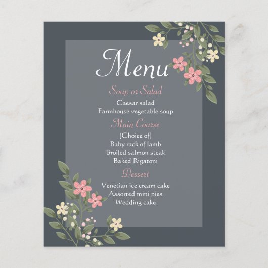 Floral Menu Gray & Pink Flowers Grey Wedding Party (Voorkant)