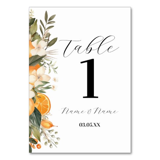 Floral Menu Tabel Citrus Sinaasappels Nummers Kaart (Voorkant)
