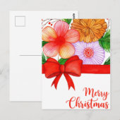 Floral Merry Christmas – Red Bow and Festive  Briefkaart (Voorkant / Achterkant)