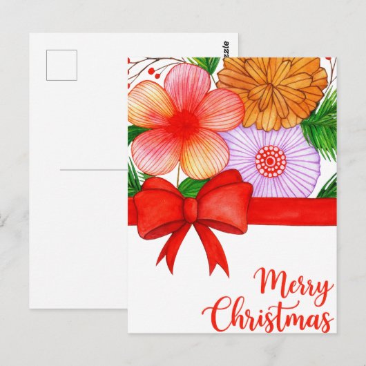 Floral Merry Christmas – Red Bow and Festive  Briefkaart (Voorkant / Achterkant)