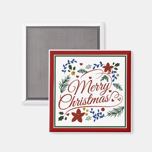 Floral Merry KerstMagnet Magneet (Voorkant / Achterkant)