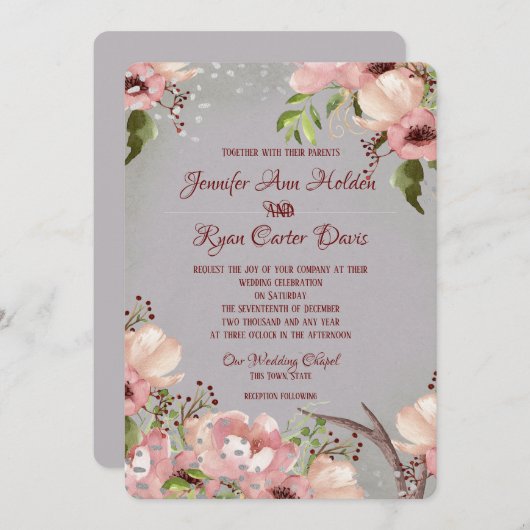 Floral met Antlers Waterverf huwelijksuitnodiging Kaart (Voorkant / Achterkant)