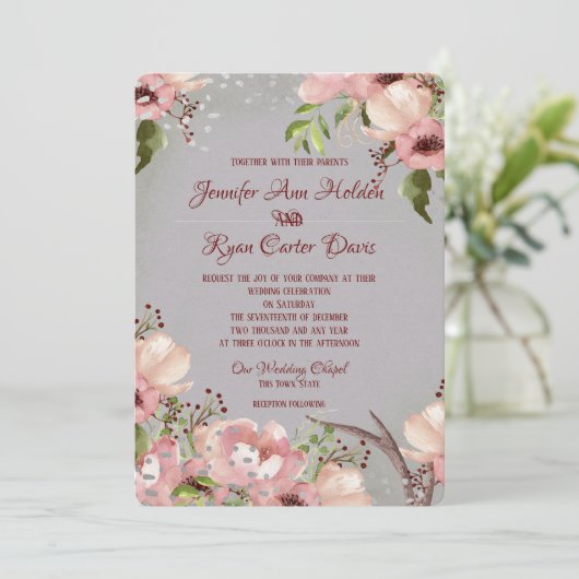 Floral met Antlers Waterverf huwelijksuitnodiging Kaart (Staand voorkant)
