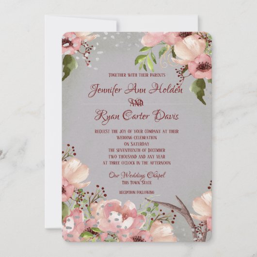 Floral met Antlers Waterverf huwelijksuitnodiging Kaart (Voorkant)