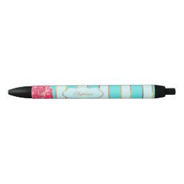 Floral met Aqua en Golden Stripes Zwarte Inkt Pen