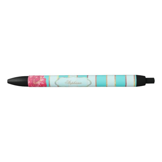Floral met Aqua en Golden Stripes Zwarte Inkt Pen (Voorkant)