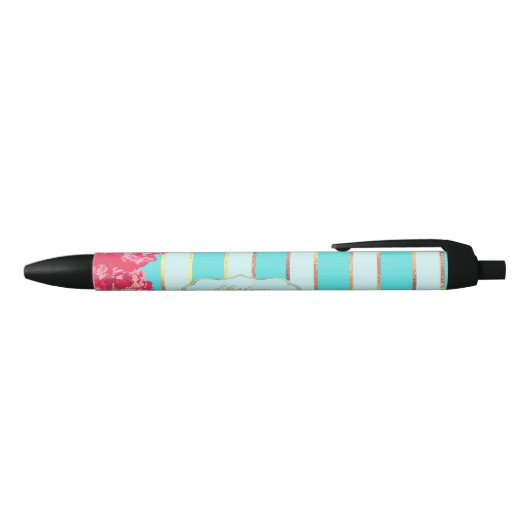 Floral met Aqua en Golden Stripes Zwarte Inkt Pen (Bovenkant)