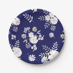 Floral met blauwe en witte strepen papieren bordje