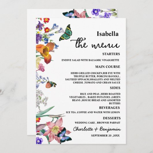  Floral met gastnaam bruiloft Menu (Voorkant / Achterkant)
