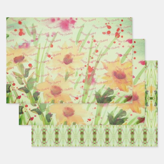 Floral met groen en crème inpakpapier vel (Set)