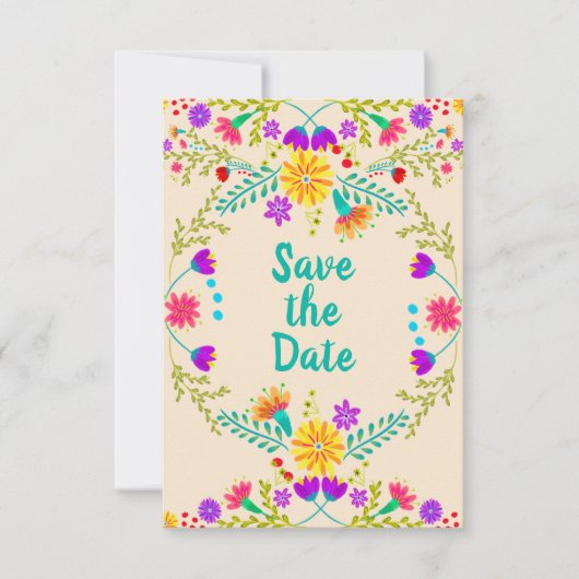 Floral Mexicaanse Fiesta & Papel Picado - Champagn Save The Date (Voorkant)