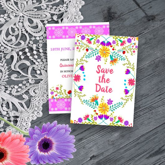 Floral Mexicaanse Fiesta & Papel Picado Wit Save The Date