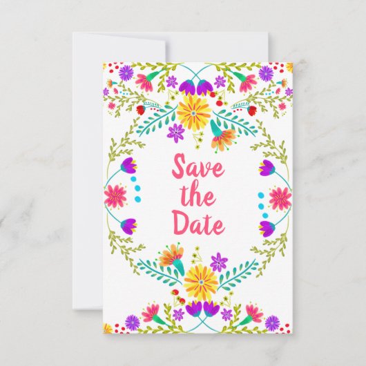 Floral Mexicaanse Fiesta & Papel Picado Wit Save The Date (Voorkant)