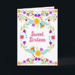 Floral Mexicaanse Fiesta Wit en Roze Zoet 16<br><div class="desc">Uber , Sweet 16 invitations, sijpelend met de vrolijke charme van Mexican Fiesta en Folk Art. De invitatie is aan alle 4 zijden van de kaart versierd en heeft een helder en vrolijk kleurenpalet van rood, blauw, roze, paarse, groen, geel en wit. Het ontwerp op de voorkant heeft de formulering...</div>