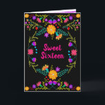 Floral Mexicaanse Fiesta Zwart en Roze Zoet 16<br><div class="desc">Uber , Sweet 16 uitnodigingen, sijpelen met de vrolijke charme van Mexican Fiesta en Folk Art. De uitnodiging is versierd aan alle 4 zijden van de kaart en heeft een helder en vrolijk kleurenpalet van rood, blauw, roze, paarse, groen, geel en wit. Het ontwerp op de voorkant heeft de tekst...</div>
