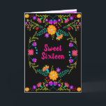 Floral Mexicaanse Fiesta Zwart en Roze Zoet 16<br><div class="desc">Uber , Sweet 16 uitnodigingen, sijpelen met de vrolijke charme van Mexican Fiesta en Folk Art. De uitnodiging is versierd aan alle 4 zijden van de kaart en heeft een helder en vrolijk kleurenpalet van rood, blauw, roze, paarse, groen, geel en wit. Het ontwerp op de voorkant heeft de tekst...</div>