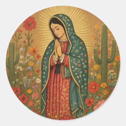 Floral Mexicaanse Mary Guadalupe Religious Ronde Sticker (Voorkant)