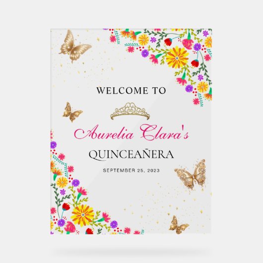 Floral Mexicaanse tiara vlinder mis quinceañera Acryl Bord (Voorkant)