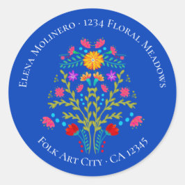 Floral Mexican Fiesta Flowers Royal Blue Adres Ronde Sticker