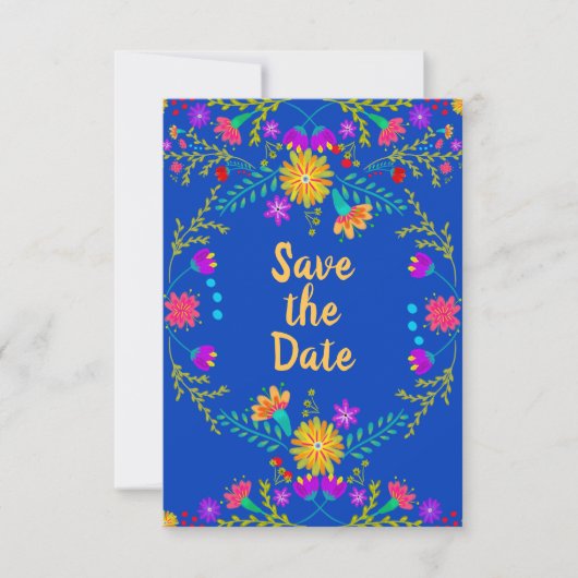 Floral Mexican Fiesta & Papel Picado - Royal Blue Save The Date (Voorkant)
