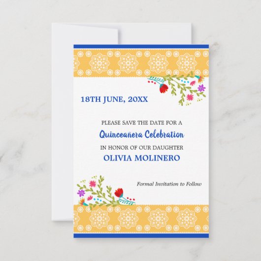 Floral Mexican Fiesta & Papel Picado - Royal Blue Save The Date (Achterkant)