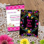 Floral Mexican Fiesta & Papel Picado - Zwart Save The Date<br><div class="desc">Floral Save the Date kaart in kleurrijke Mexicaanse Fiesta stijl en versierd beide zijden met folk art bloemen en papel picado. De tekst op de voorkant is simpelweg als volgt: "Save the Date" in felroze op een zwarte achtergrond. Op de achterkant staat de sjabloon klaar voor u om uw speciale...</div>