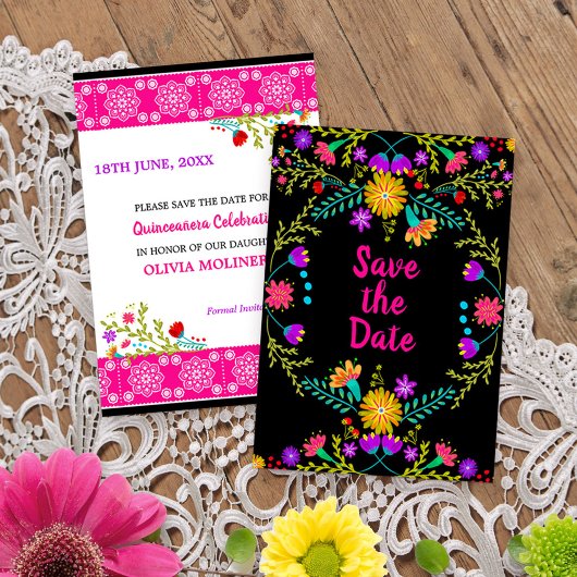 Floral Mexican Fiesta & Papel Picado - Zwart Save The Date