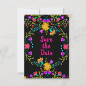 Floral Mexican Fiesta & Papel Picado - Zwart Save The Date (Voorkant)