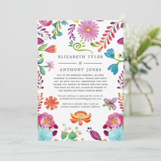 Floral Mexican Fiesta Reduced Wedding Guest List Aankondiging (Staand voorkant)