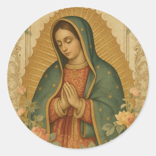Floral Mexican Mary Guadalupe Religious Ronde Sticker (Voorkant)