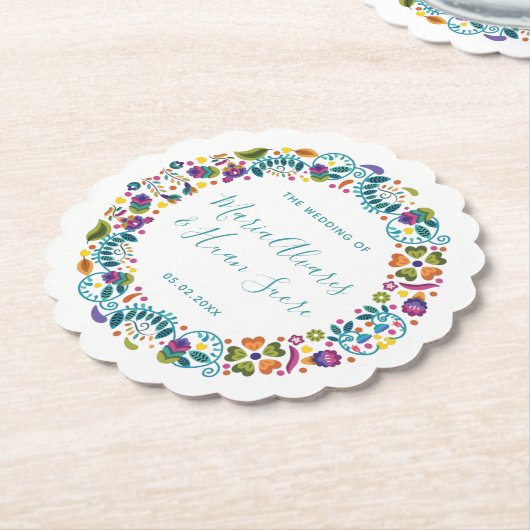 Floral Mexican Style Personalized Wedding Kartonnen Onderzetters (Gekanteld)