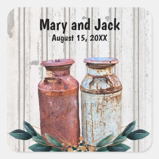 Floral Milk Cans  Rustisch Antiek Vierkante Sticker (Voorkant)