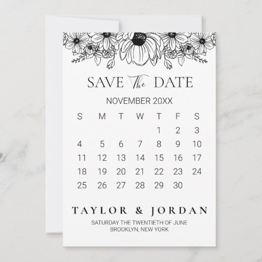 Floral Minimalist Botanical Calendar Wedding Save The Date (Voorkant)