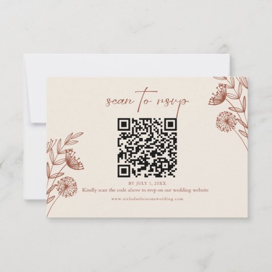 Floral minimalistische terracotta bruiloft QR-code RSVP Kaartje (Voorkant)