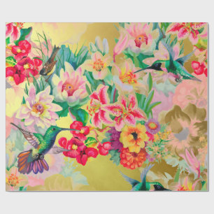 Floral Mint Garden Gold Pink Pastel Thunder Bird Cadeaupapier