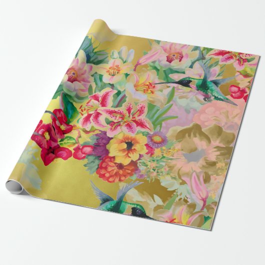 Floral Mint Garden Gold Pink Pastel Thunder Bird Cadeaupapier (Uitgerold)
