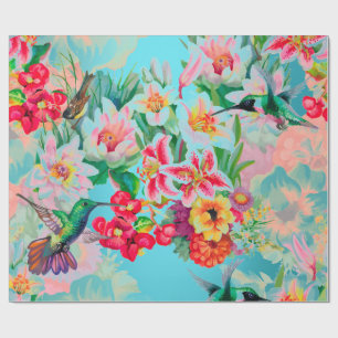Floral Mint Garden Turquoise Pink Pastel Bird Cadeaupapier