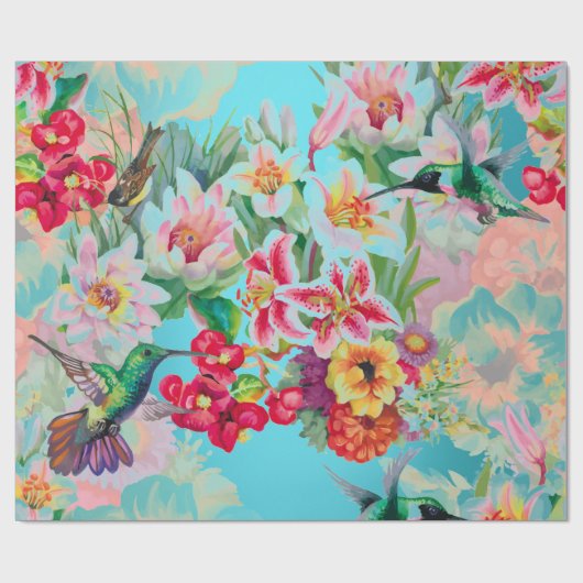 Floral Mint Garden Turquoise Pink Pastel Bird Cadeaupapier (Vlak)