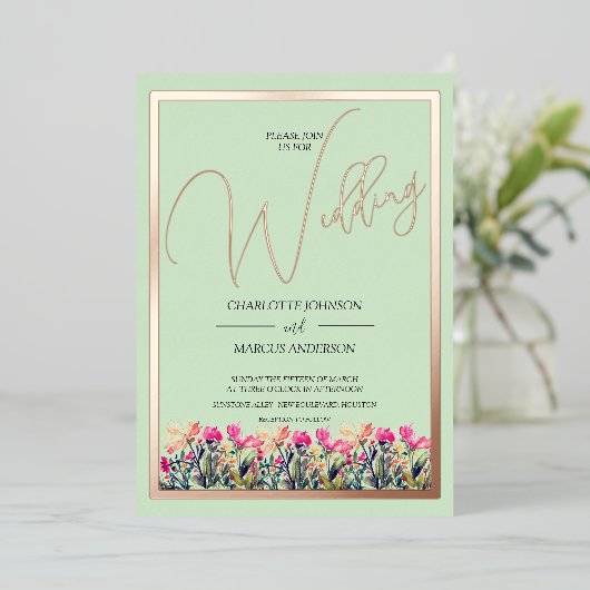 Floral Mint Green Roos Gold Foil Wedding Uitnodigi Folie Feestdagenkaart (Staand Voorkant)