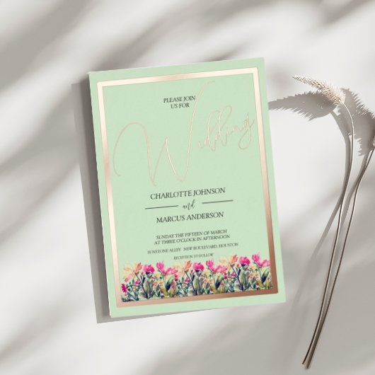 Floral Mint Green Roos Gold Foil Wedding Uitnodigi Folie Feestdagenkaart