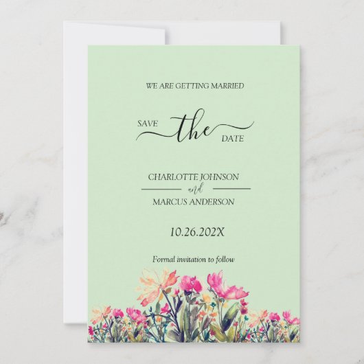 Floral Mint Green Save the Date Kaart (Voorkant)